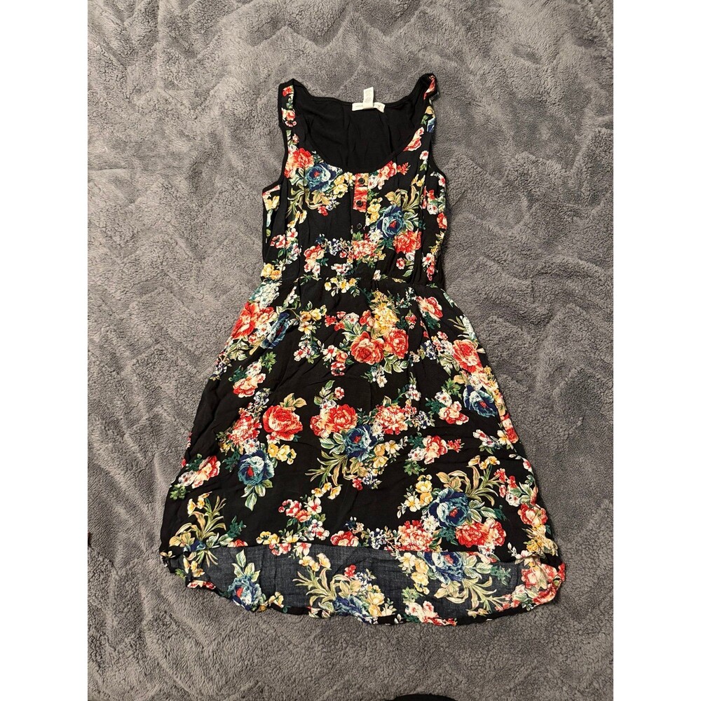 Black Floral Sleeveless Midi Dress with Red & Blue Blooms